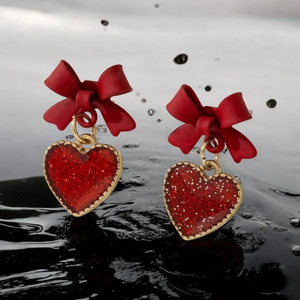 Red Heart & Bow Earrings Sparkling Alloy Gold Plated‎